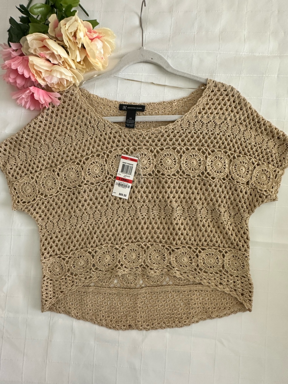 INC International Concepts Beige Crochet Short-Sleeve Sweater Top